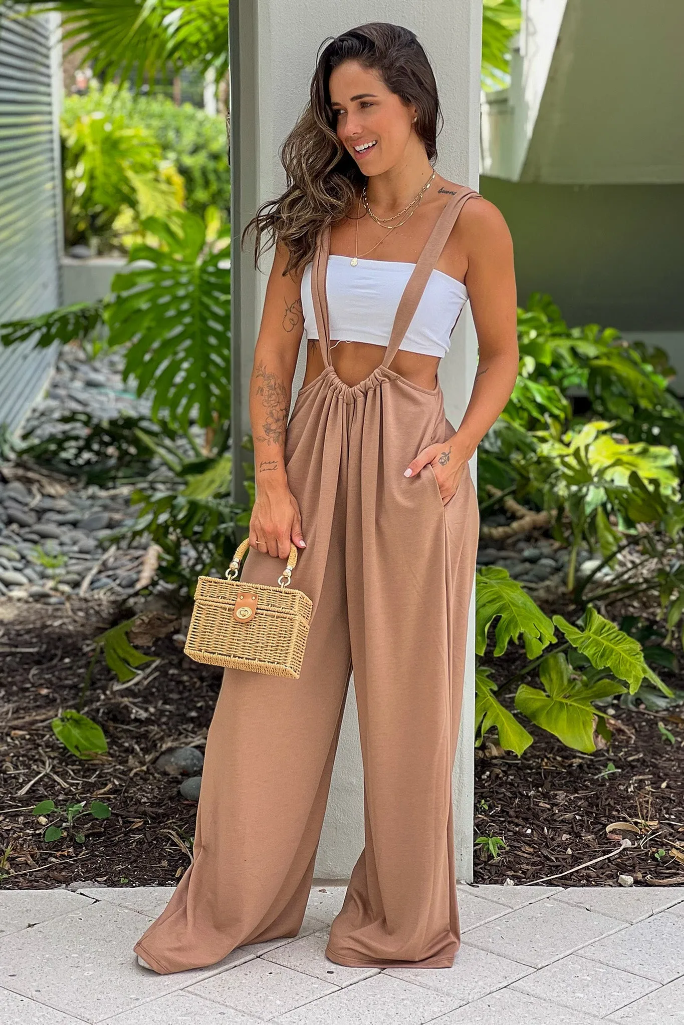 Caramel Jumpsuit With Pockets And Tie Back