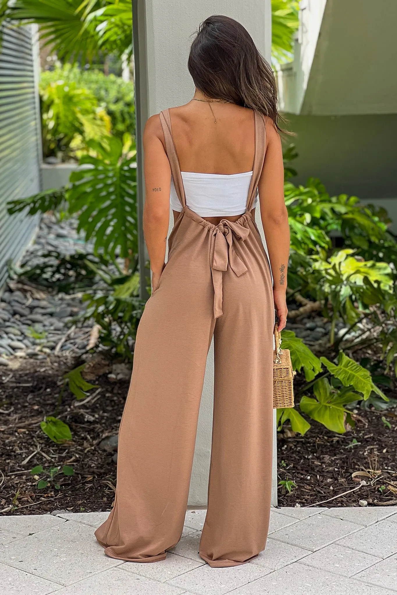 Caramel Jumpsuit With Pockets And Tie Back