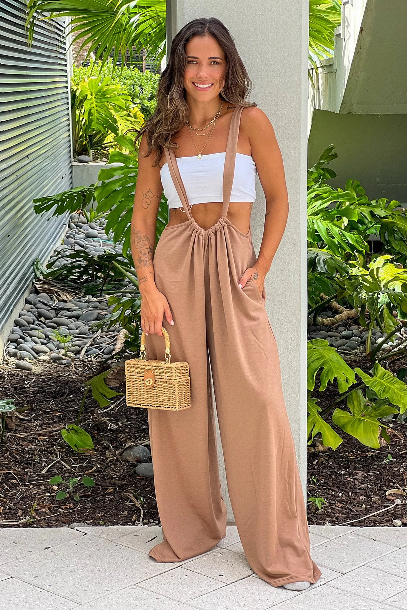 Caramel Jumpsuit With Pockets And Tie Back