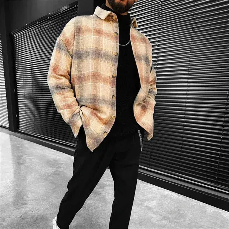 Casual Street style Long sleeve button Flannel plaid Jacket for men