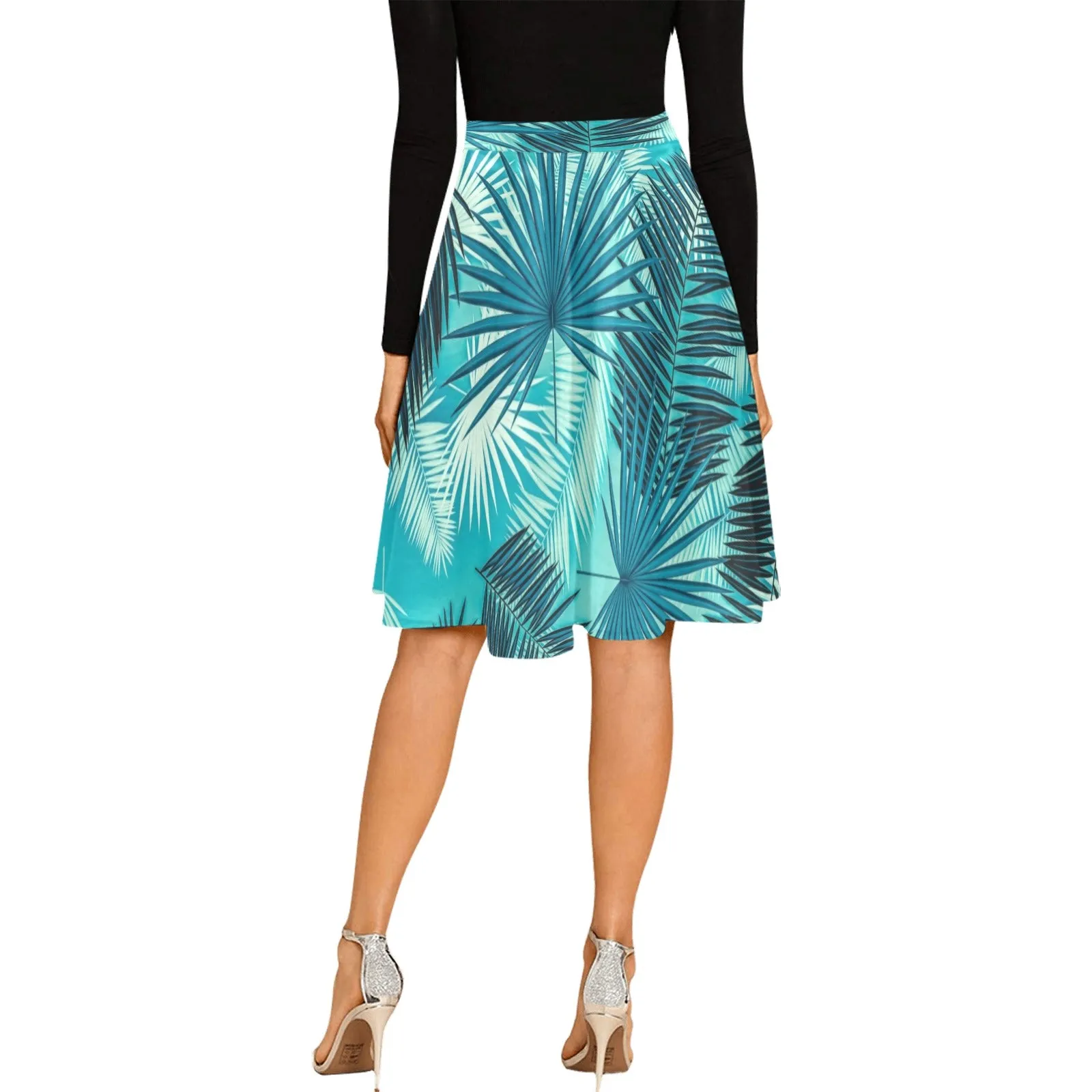 cerulean blue palm print Melete Pleated Midi Skirt (Model D15)