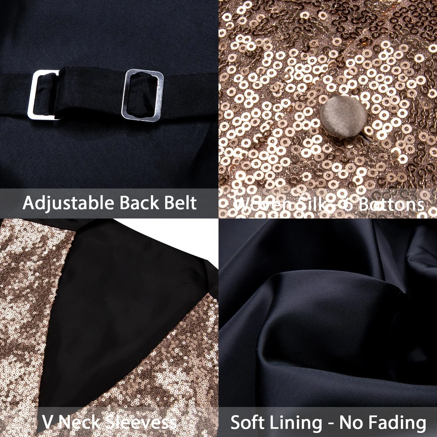 Champagne Sequins Silk Men's Vest Hanky Cufflinks Bow Tie Set