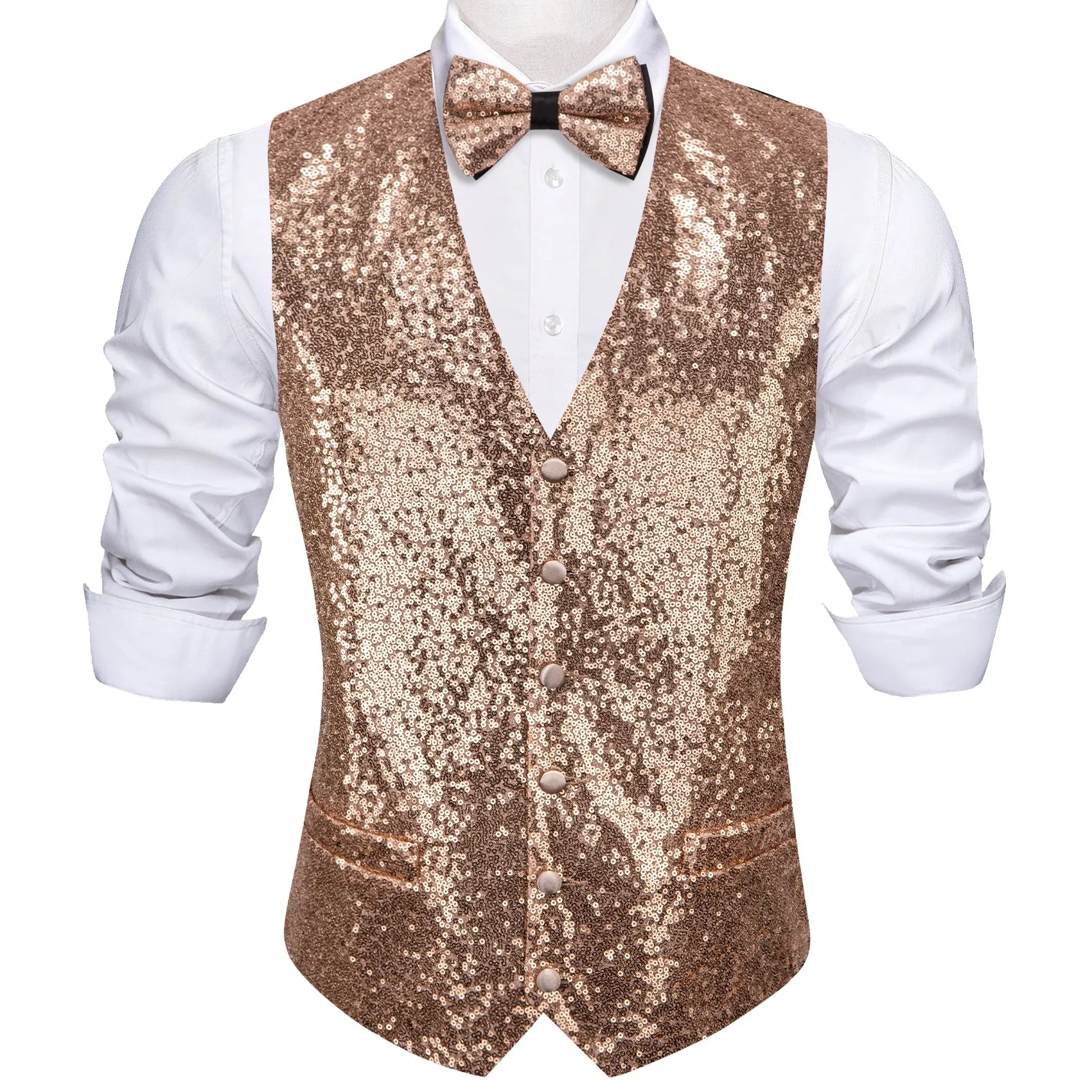 Champagne Sequins Silk Men's Vest Hanky Cufflinks Bow Tie Set