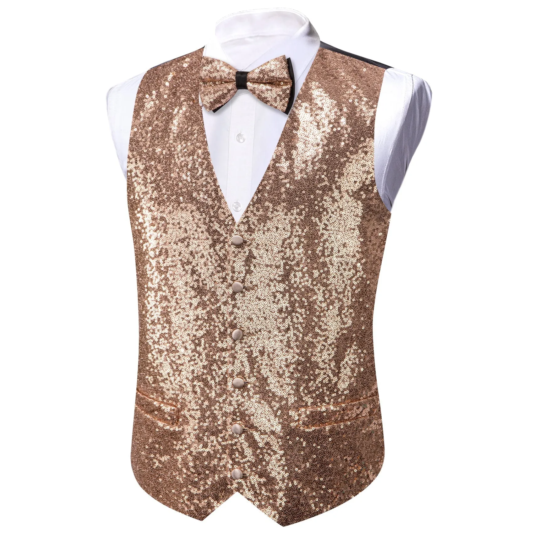 Champagne Sequins Silk Men's Vest Hanky Cufflinks Bow Tie Set