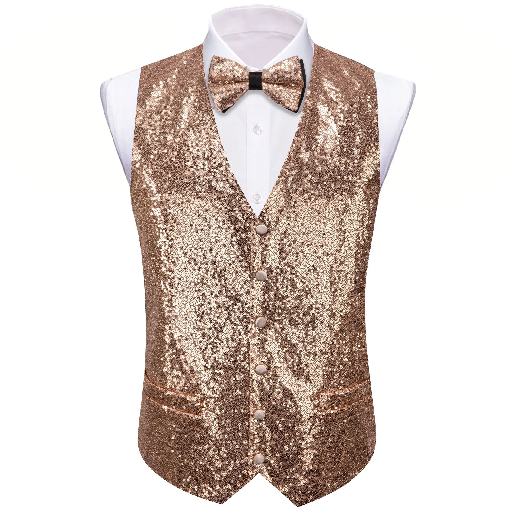 Champagne Sequins Silk Men's Vest Hanky Cufflinks Bow Tie Set