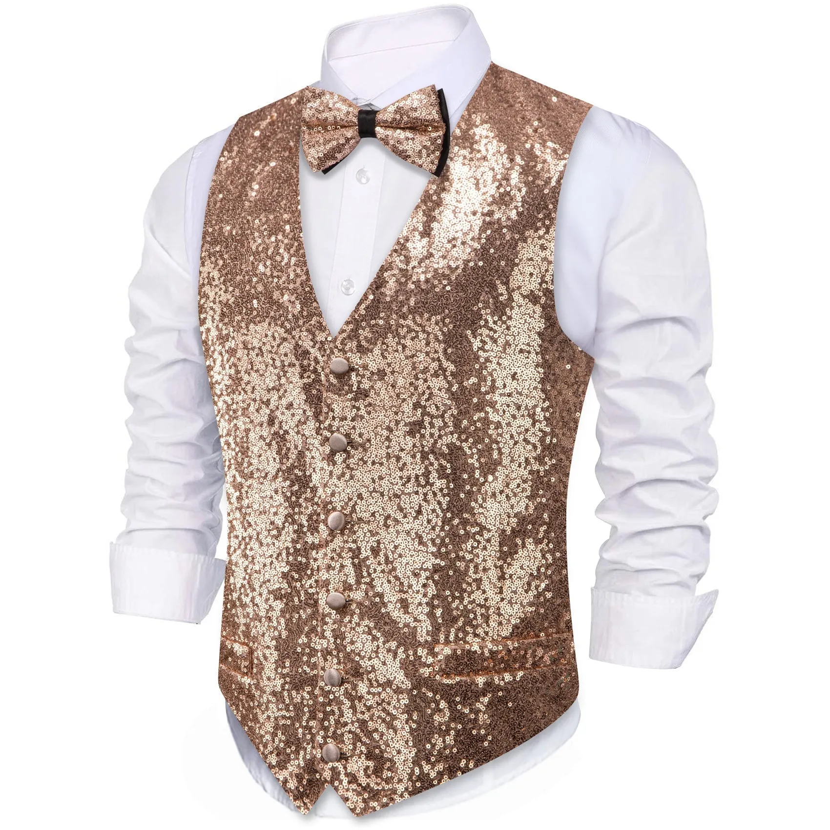 Champagne Sequins Silk Men's Vest Hanky Cufflinks Bow Tie Set