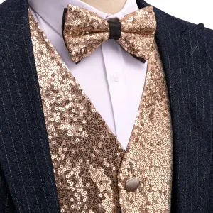 Champagne Sequins Silk Men's Vest Hanky Cufflinks Bow Tie Set