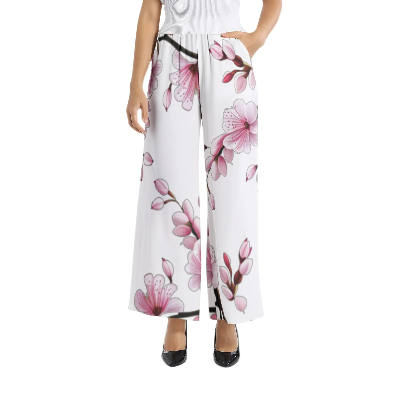 Cherry Blossom Elastic Waist Wide Leg Pant