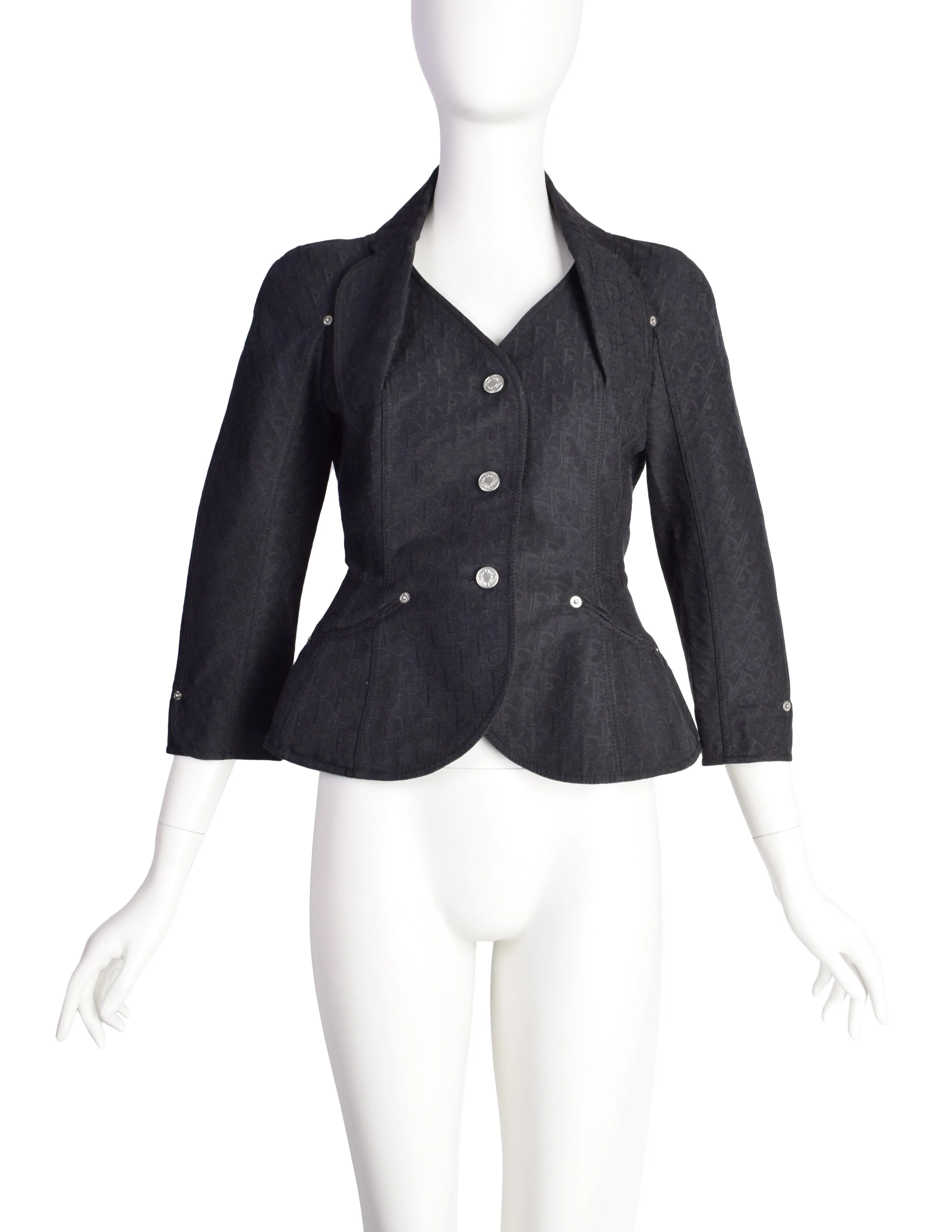 Christian Dior Vintage SS 2005 by John Galliano Black Tonal Oblique Monogram Jacquard Padded Hip Bar Jacket