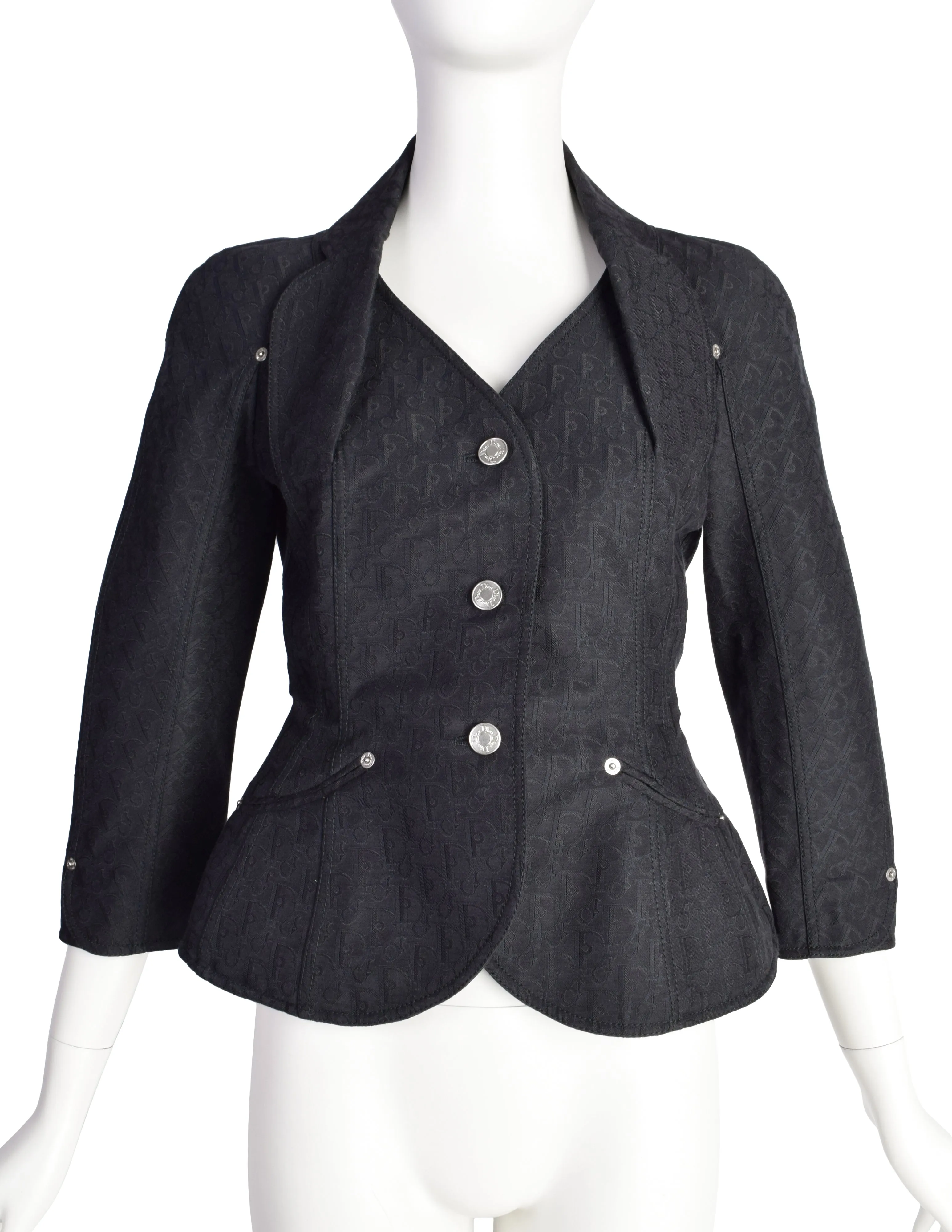 Christian Dior Vintage SS 2005 by John Galliano Black Tonal Oblique Monogram Jacquard Padded Hip Bar Jacket