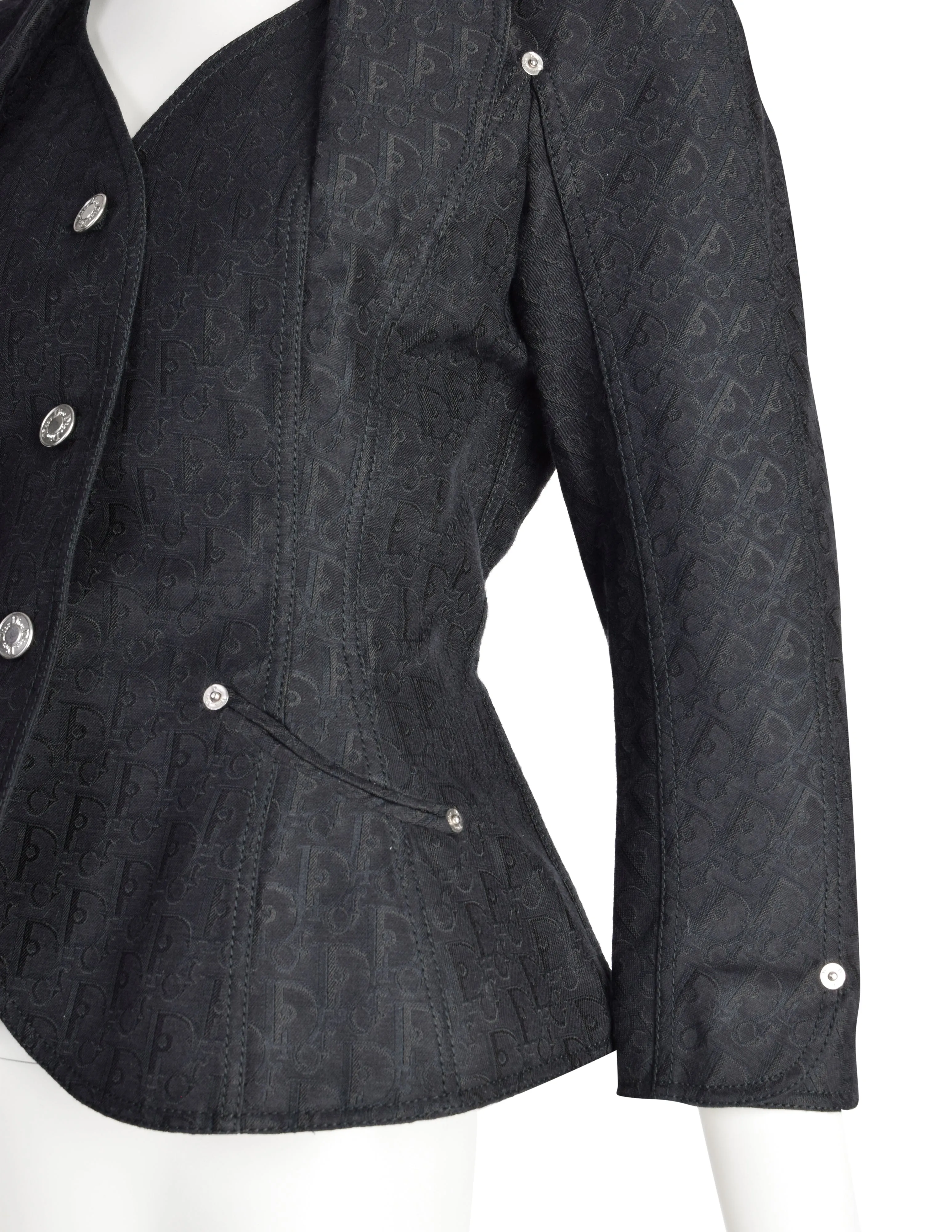 Christian Dior Vintage SS 2005 by John Galliano Black Tonal Oblique Monogram Jacquard Padded Hip Bar Jacket