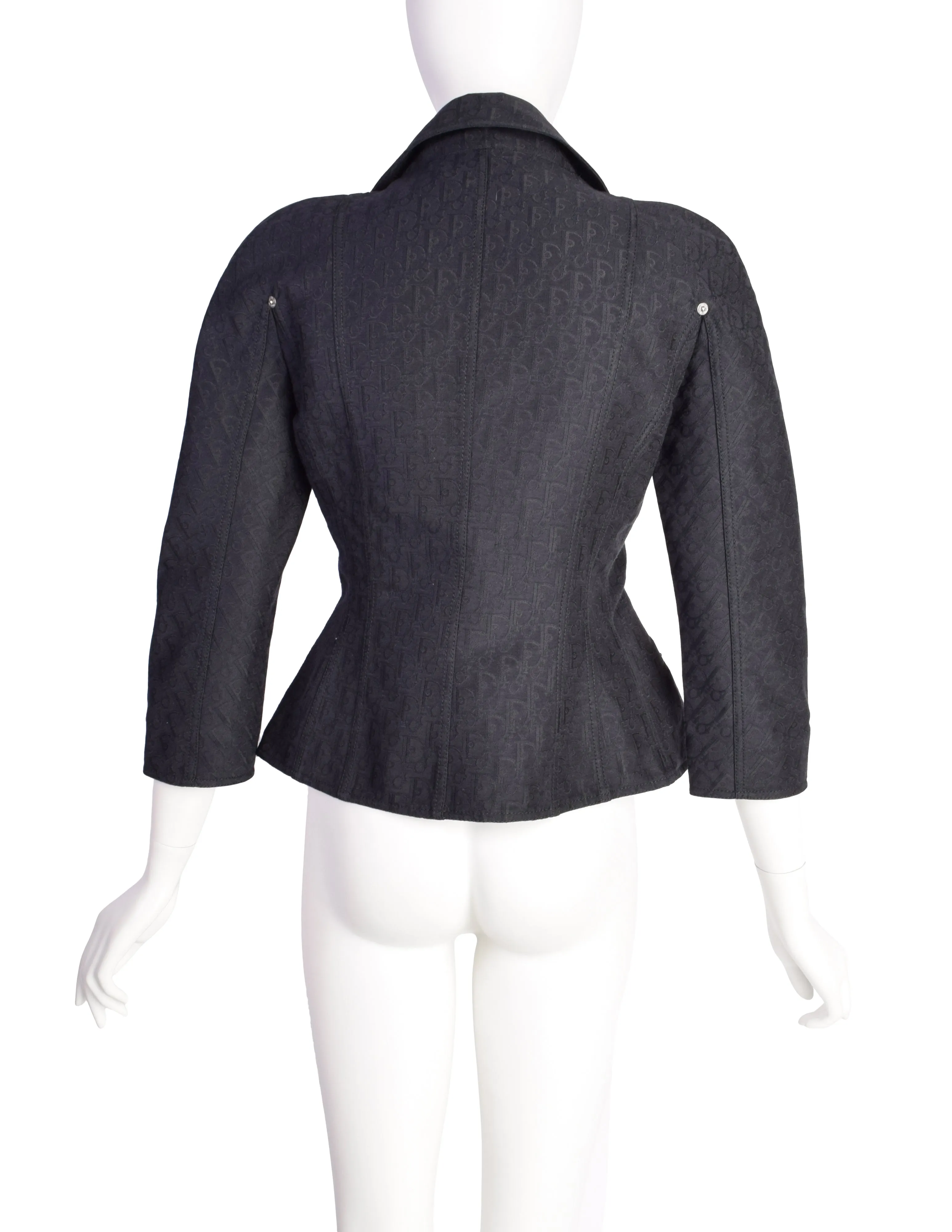 Christian Dior Vintage SS 2005 by John Galliano Black Tonal Oblique Monogram Jacquard Padded Hip Bar Jacket