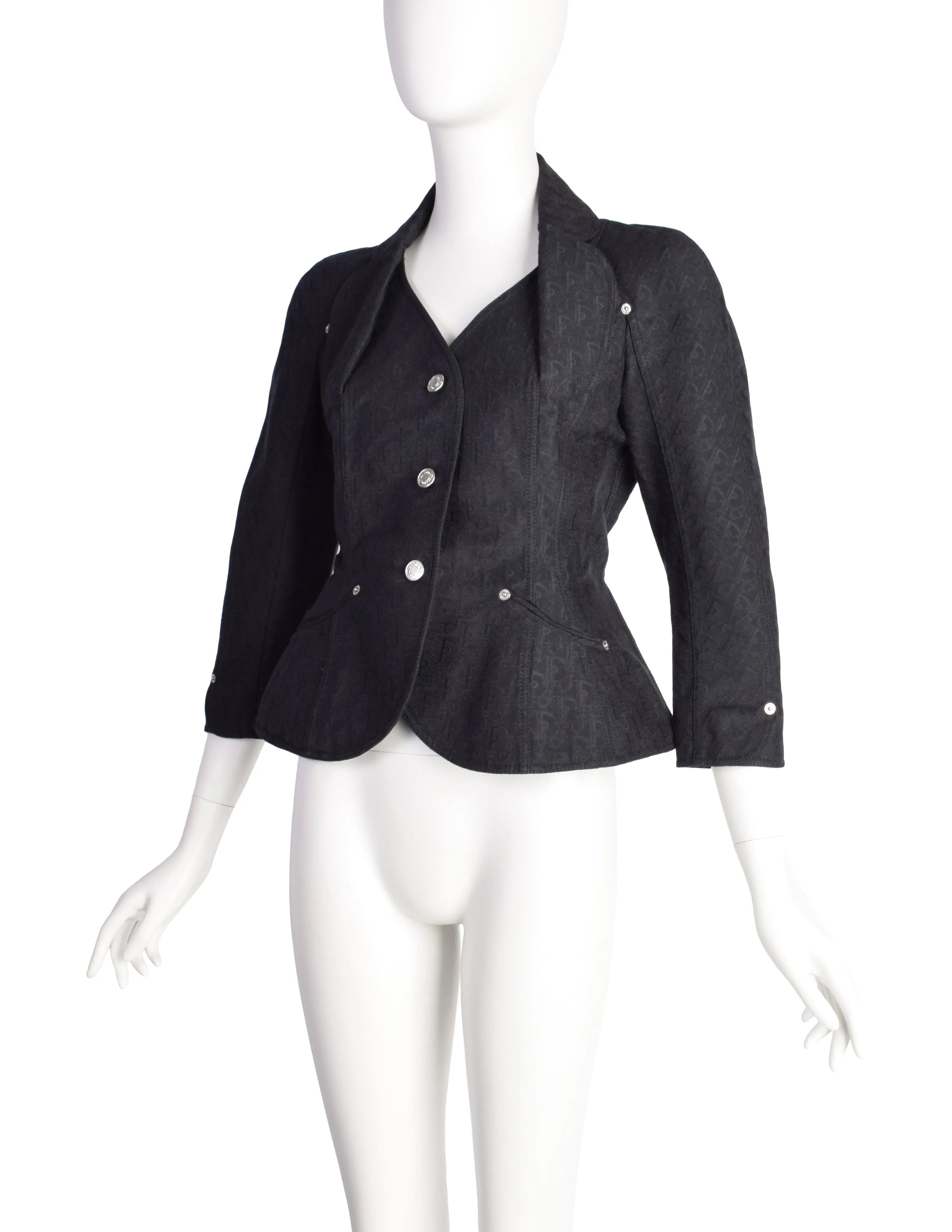 Christian Dior Vintage SS 2005 by John Galliano Black Tonal Oblique Monogram Jacquard Padded Hip Bar Jacket