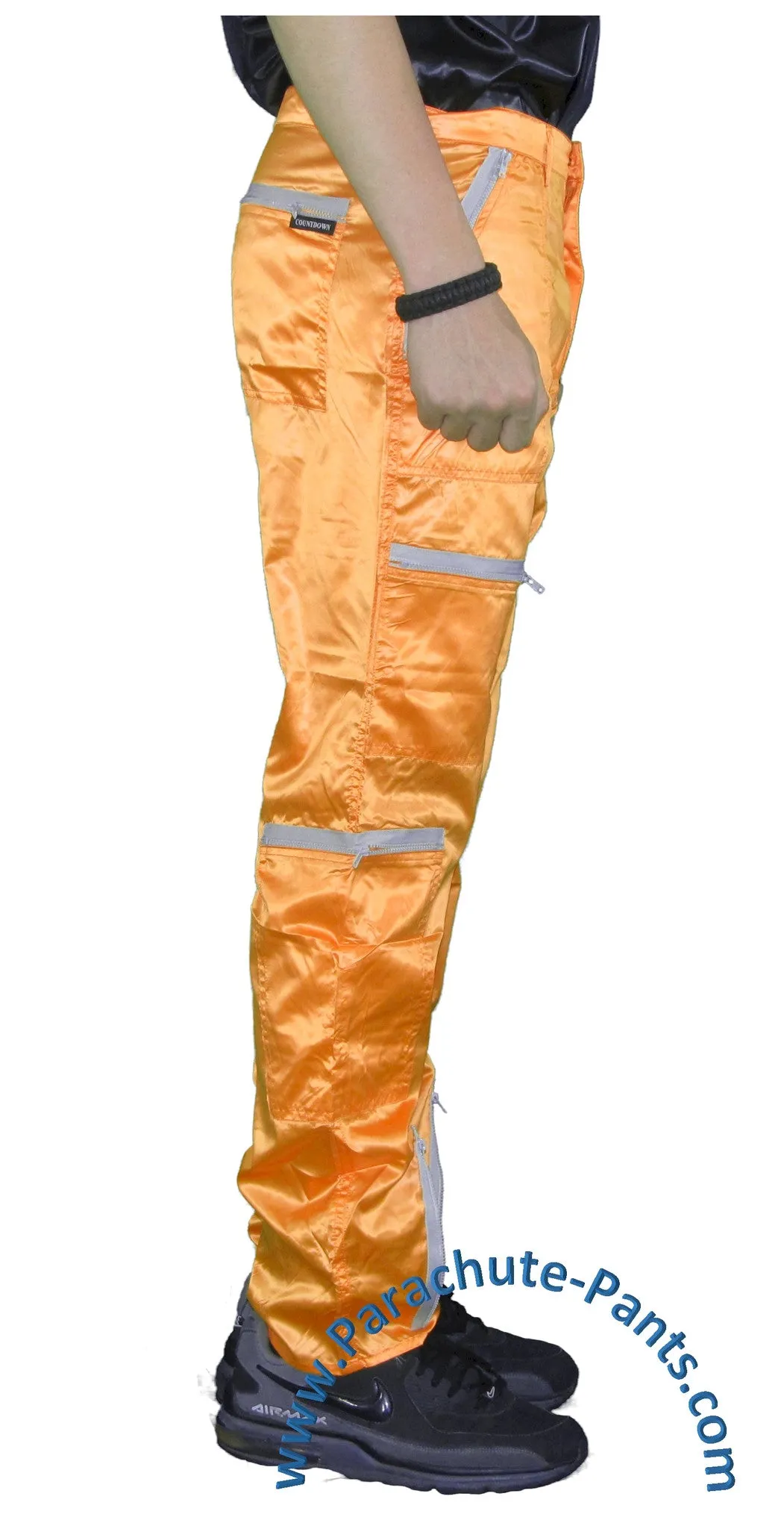 Countdown Orange Shiny Nylon Parachute Pants with Grey Zippers