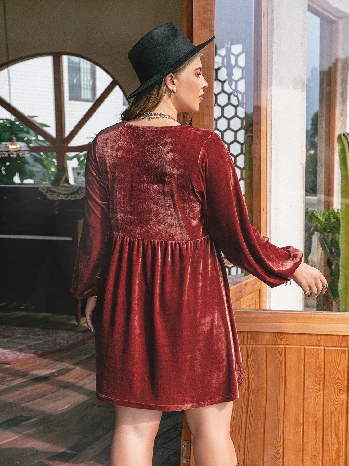 Cutie Plus Size Lace Detail Velvet V-Neck Long Sleeve Mini Dress Fall Colors