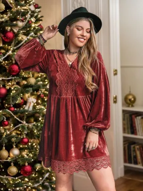 Cutie Plus Size Lace Detail Velvet V-Neck Long Sleeve Mini Dress Fall Colors