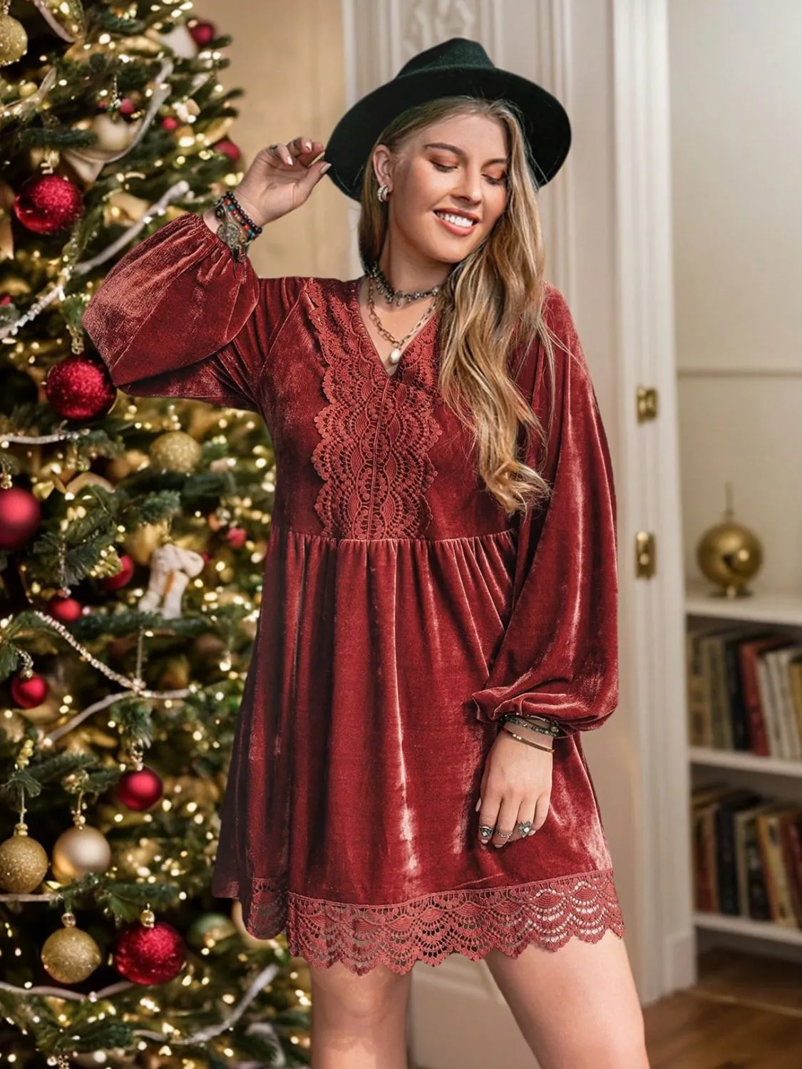 Cutie Plus Size Lace Detail Velvet V-Neck Long Sleeve Mini Dress Fall Colors