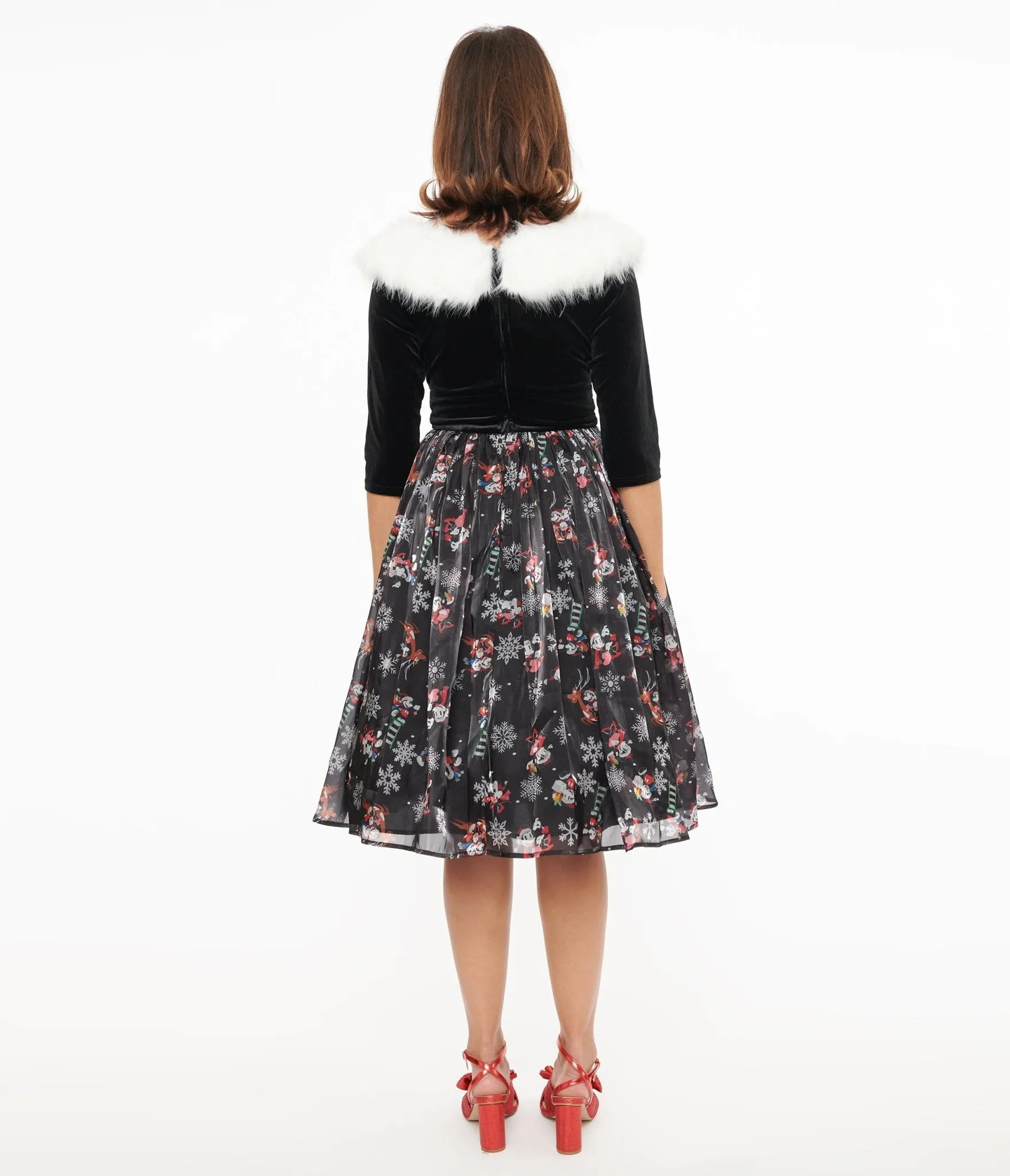 Disney Holiday Collection by Unique Vintage Minnie & Mickey Fur Collared Marceline Swing Dress