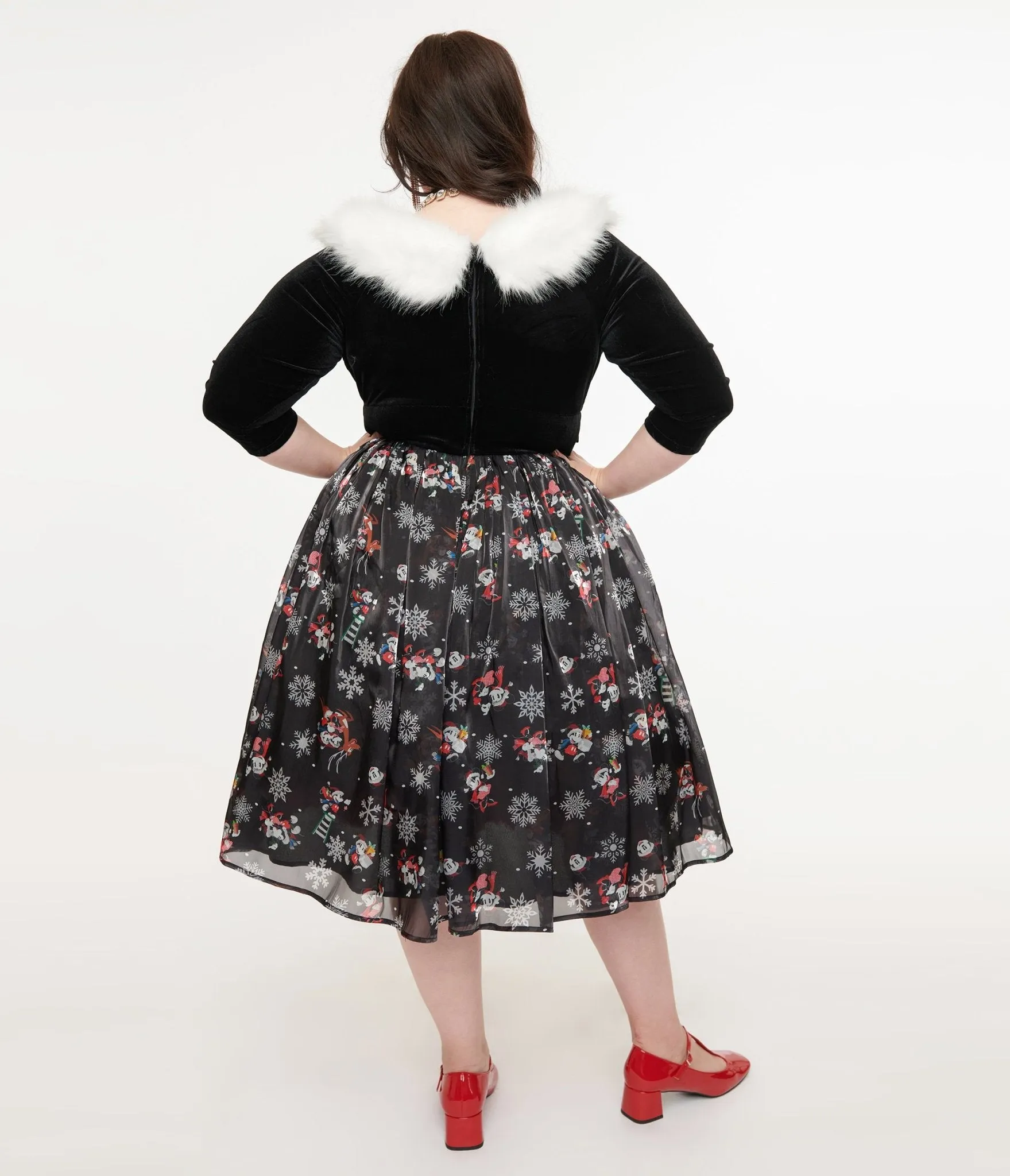 Disney Holiday Collection by Unique Vintage Plus Size Minnie & Mickey Fur Collared Marceline Swing Dress