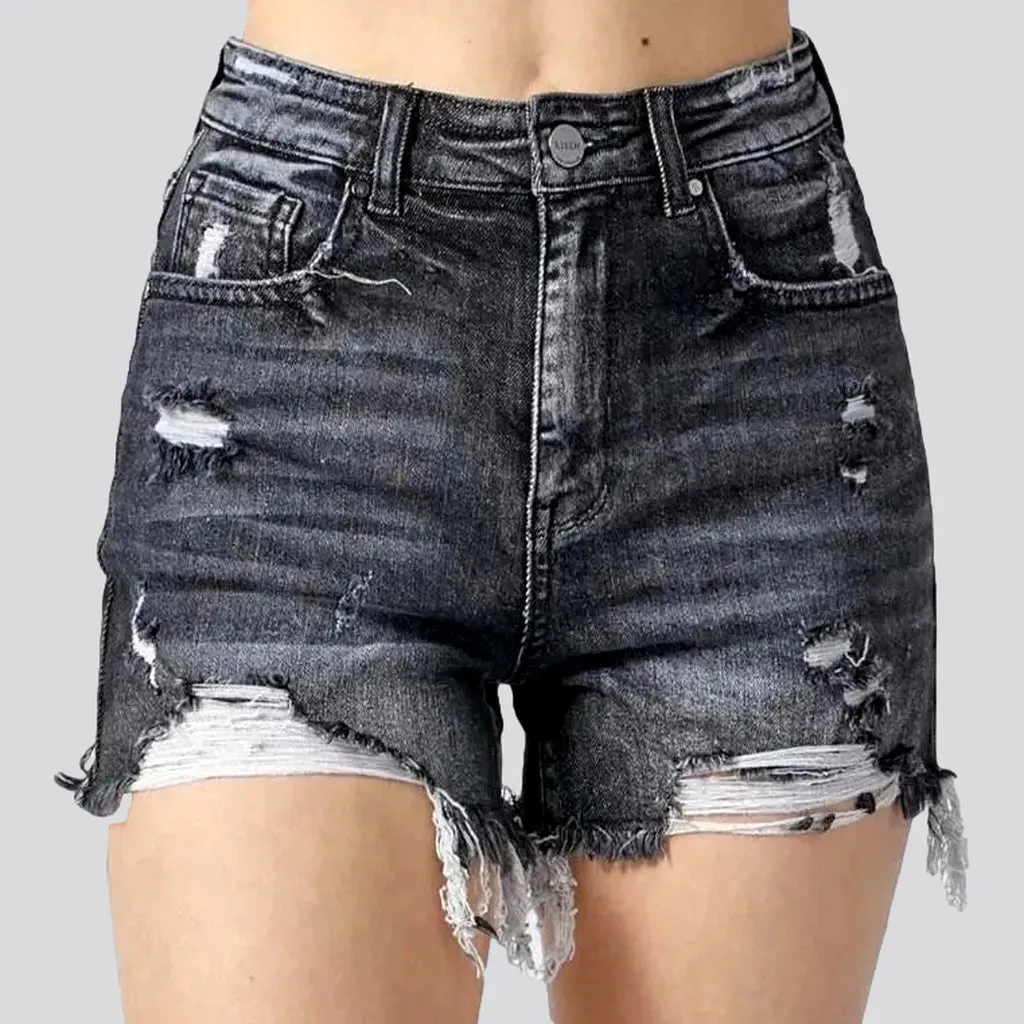 Distressed frayed-hem denim shorts