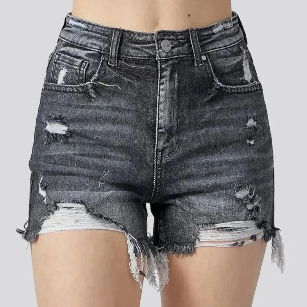 Distressed frayed-hem denim shorts