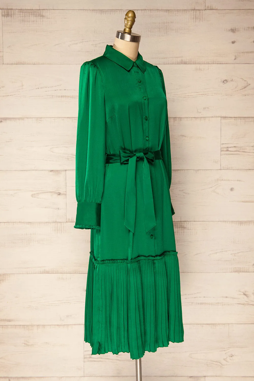 Doha | Green Satin Midi Dress w/ Belt