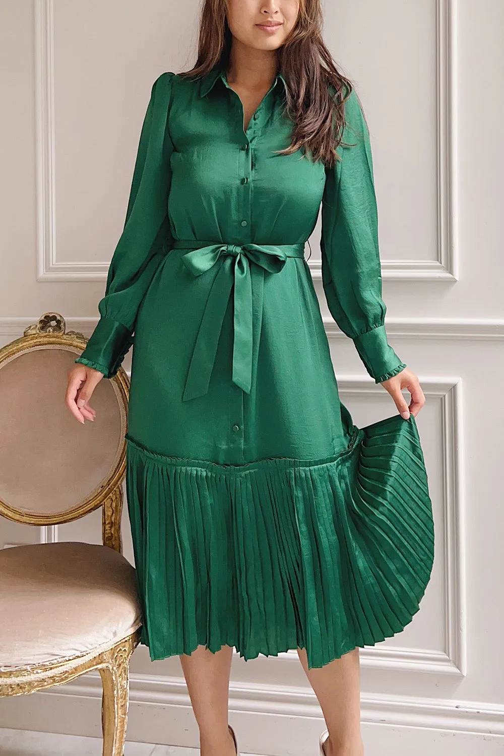 Doha | Green Satin Midi Dress w/ Belt