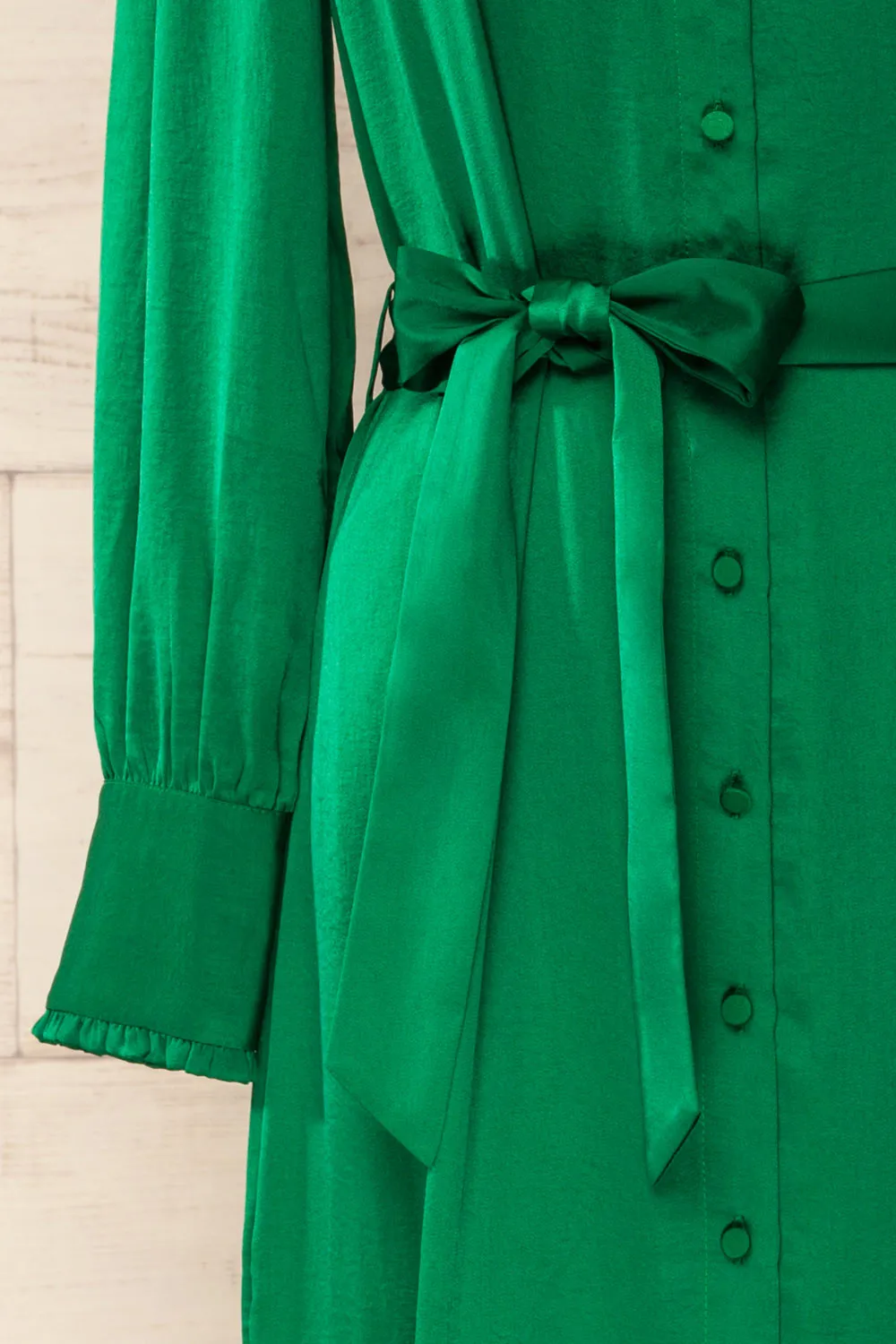 Doha | Green Satin Midi Dress w/ Belt