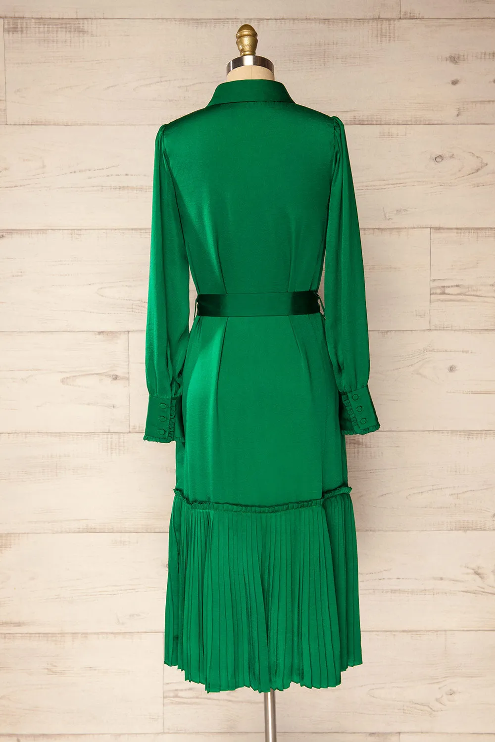 Doha | Green Satin Midi Dress w/ Belt