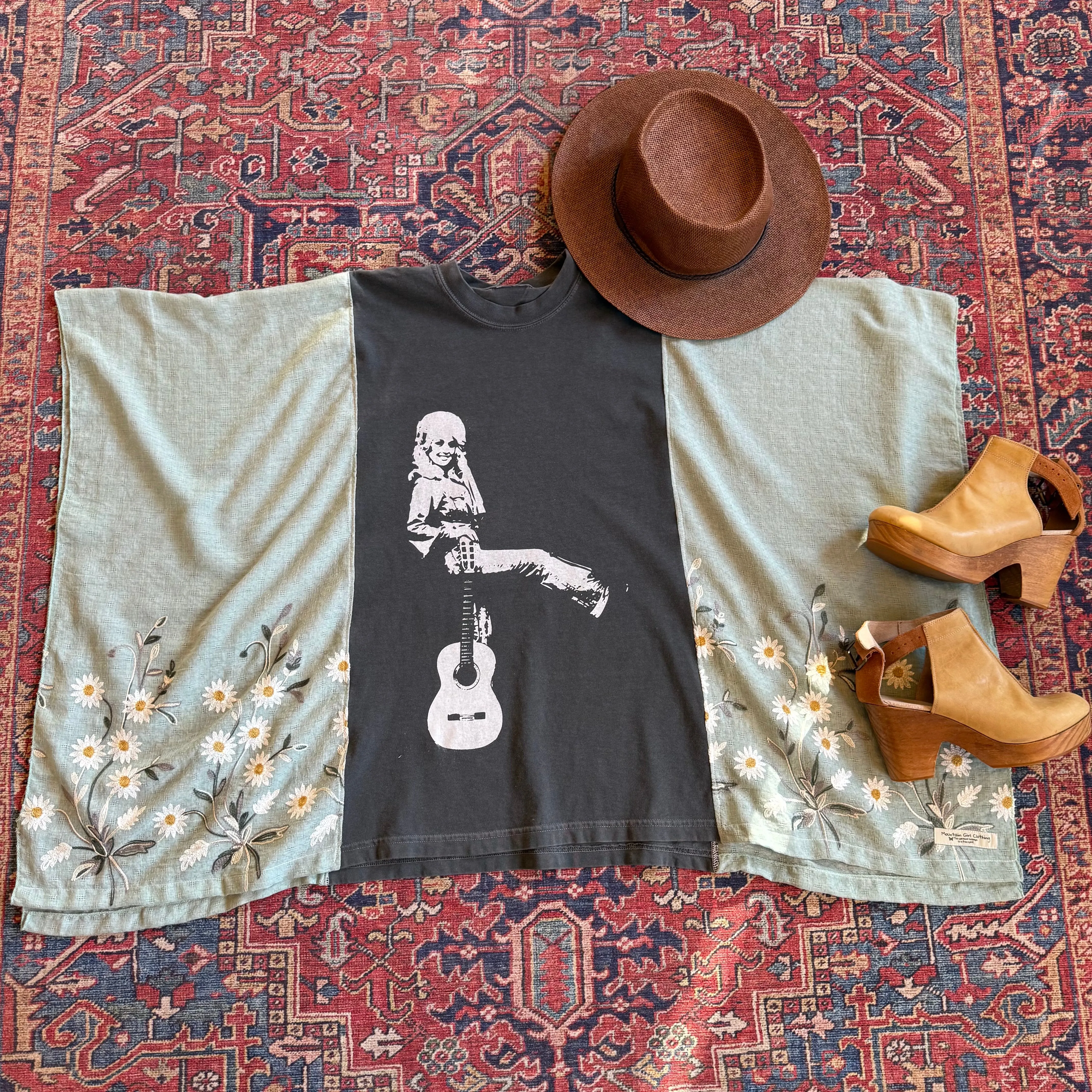 Dolly Parton Inspired Sage Daisy Embroidered Poncho