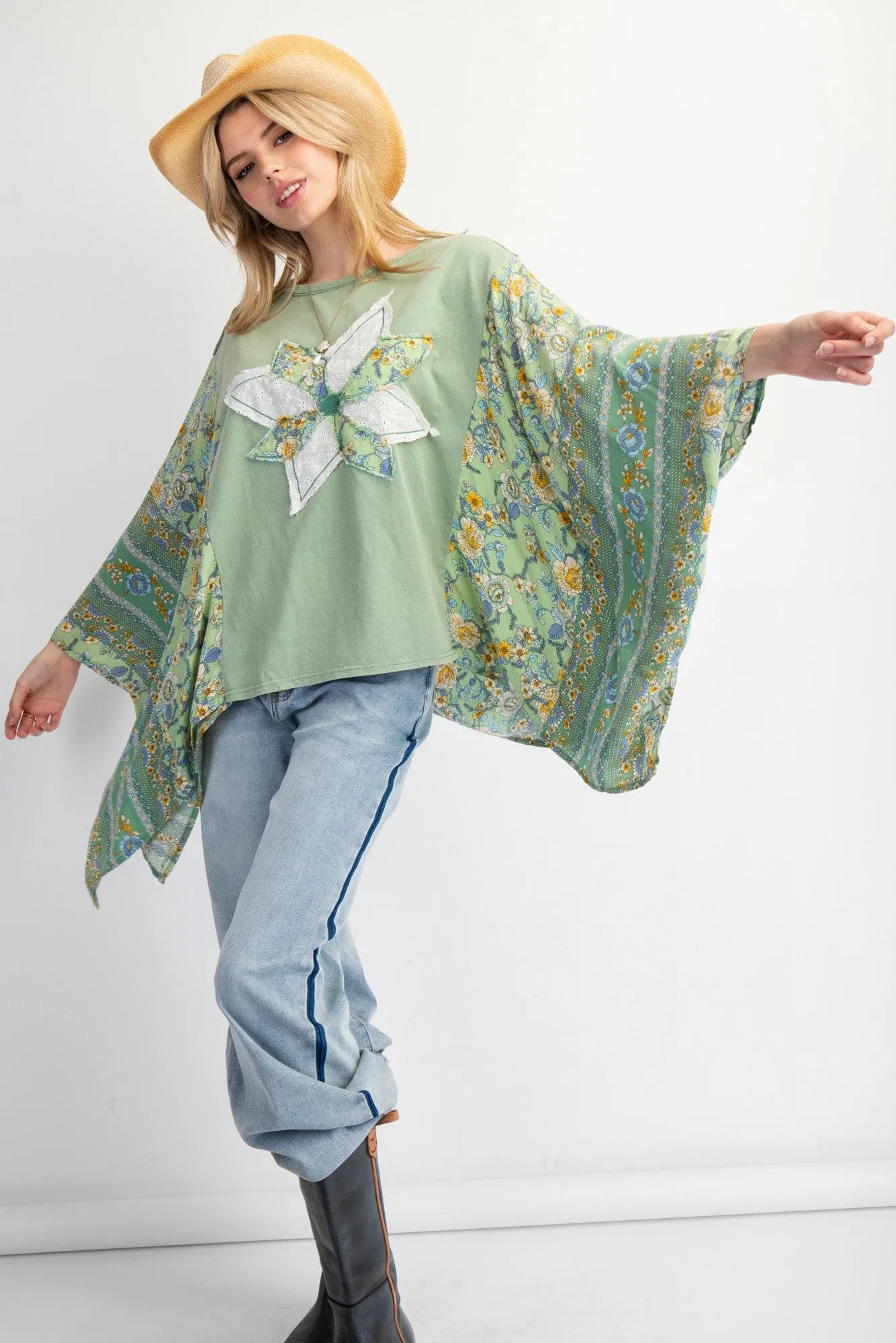 Easel Mixed Print Flower Patched Poncho Top in Sage