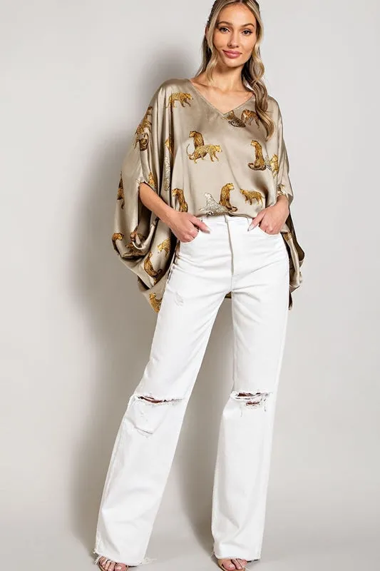 Eesome Leopard Print Satin Poncho Blouse - Olive