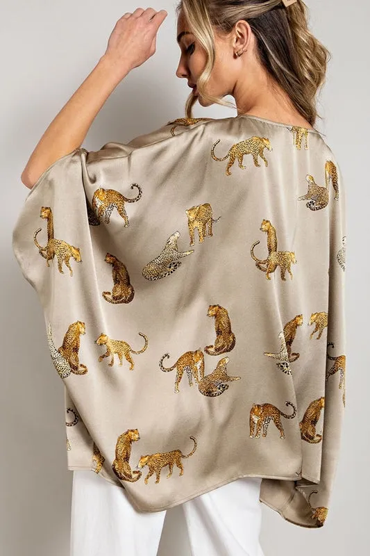 Eesome Leopard Print Satin Poncho Blouse - Olive