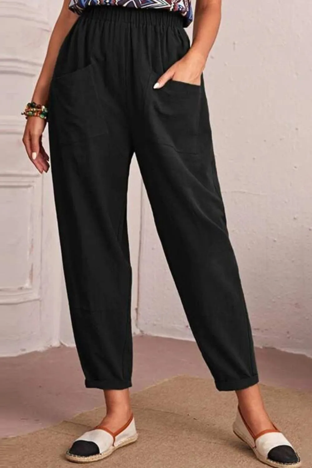 Elastic Waist Pocket Tapered Pants - 2 colors