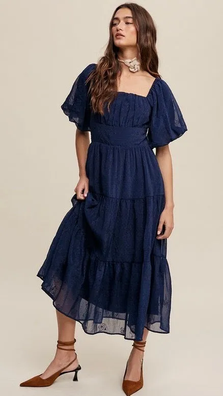 Eloise Puff Sleeve Embroidered Tulle Midi Dress Midnight