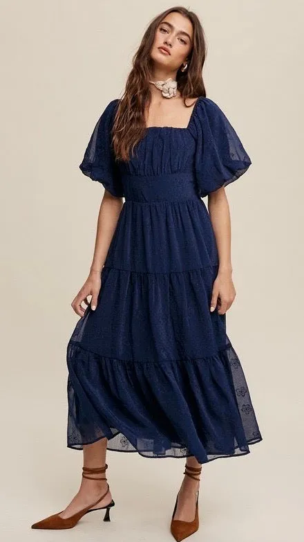 Eloise Puff Sleeve Embroidered Tulle Midi Dress Midnight