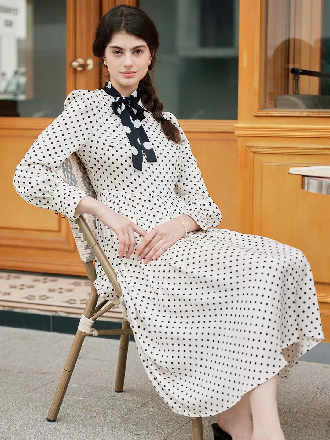 【Final Sale】Kamilah Vintage Mock Neck Balloon Sleeve Polka Dot Dress