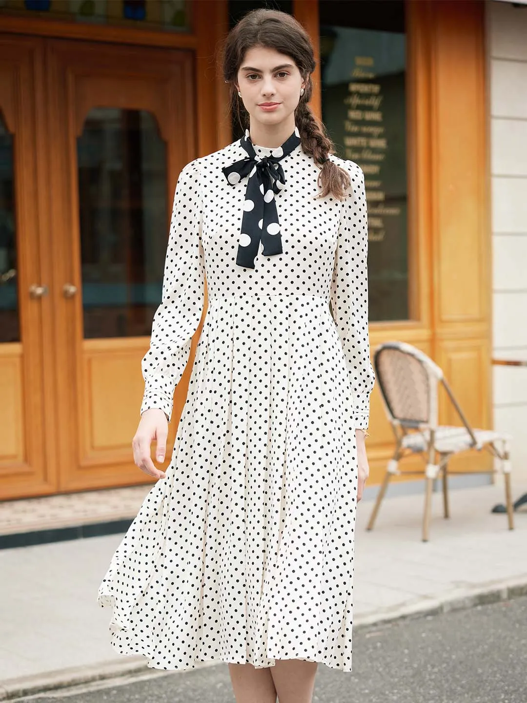 【Final Sale】Kamilah Vintage Mock Neck Balloon Sleeve Polka Dot Dress