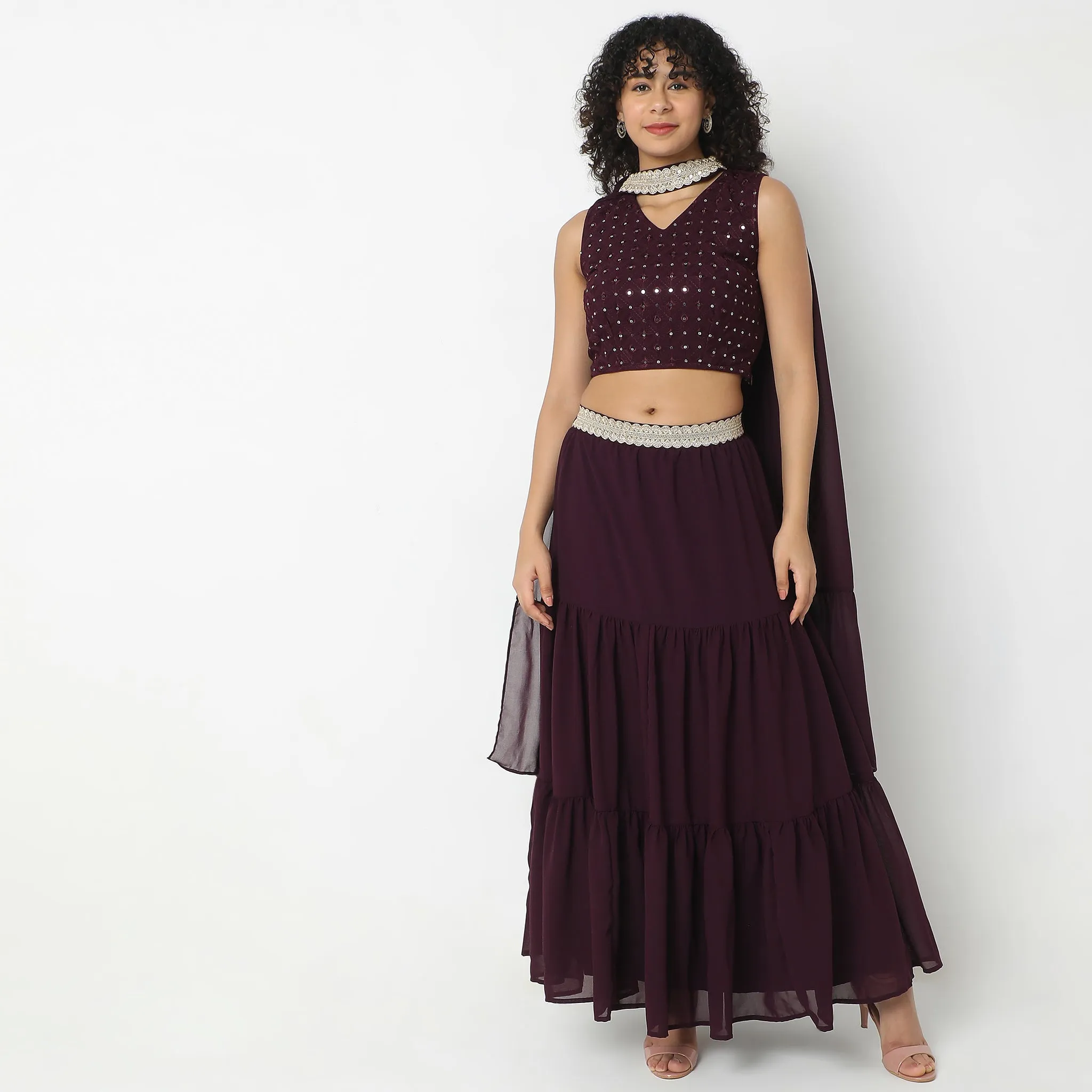 Flare Fit Embellished Ethnic Crop Top Skirt Set with  Dupatta