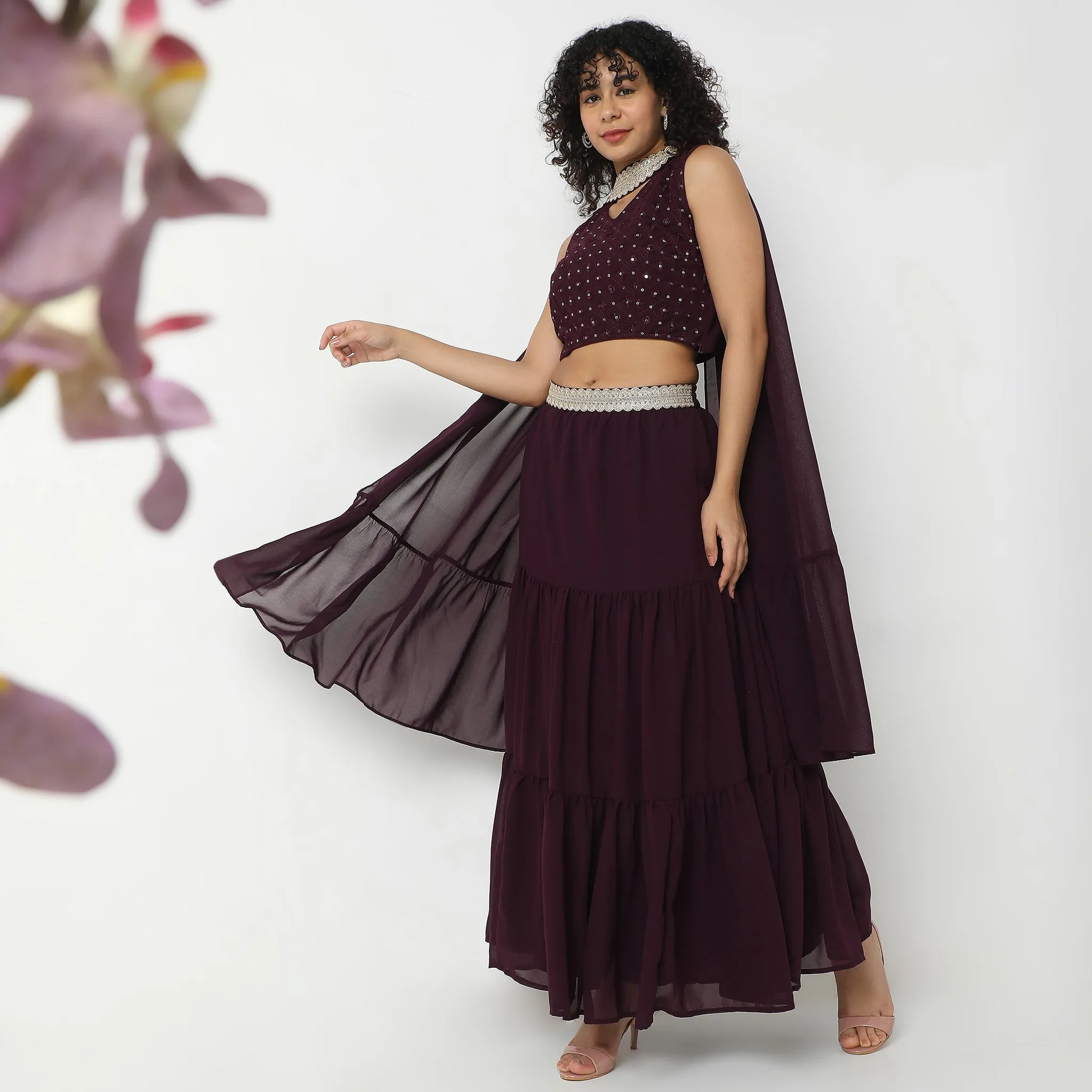 Flare Fit Embellished Ethnic Crop Top Skirt Set with  Dupatta