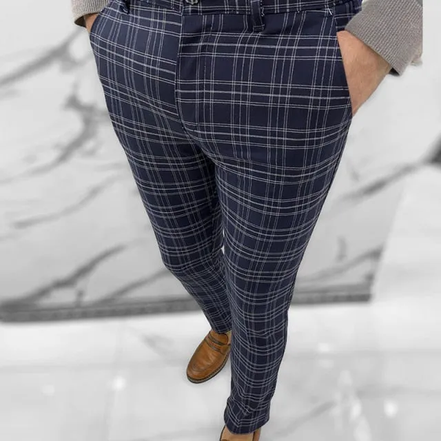 Flat Front Plaid Mid Waist Slim Business Pants