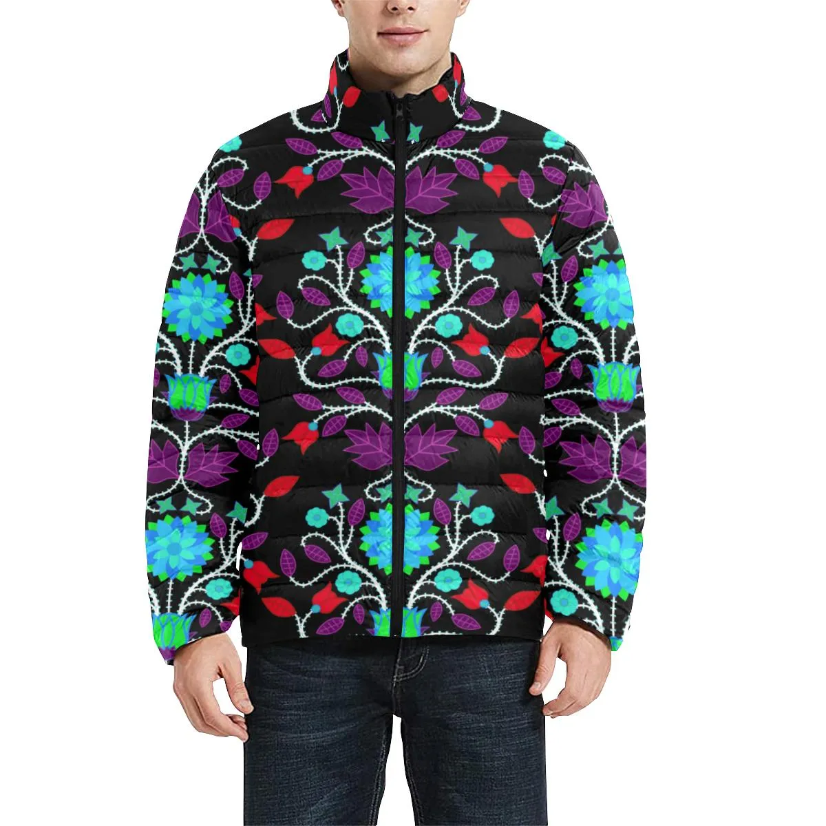 Floral Beadwork Four Clans Winter Men's Stand Collar Padded Jacket