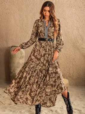 Floral Flowy Ruched Printed Notched Long Sleeve Maxi Dress