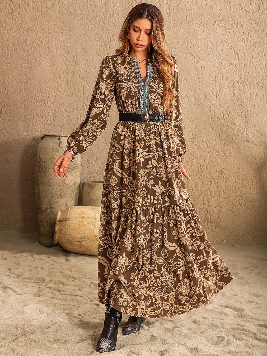 Floral Flowy Ruched Printed Notched Long Sleeve Maxi Dress