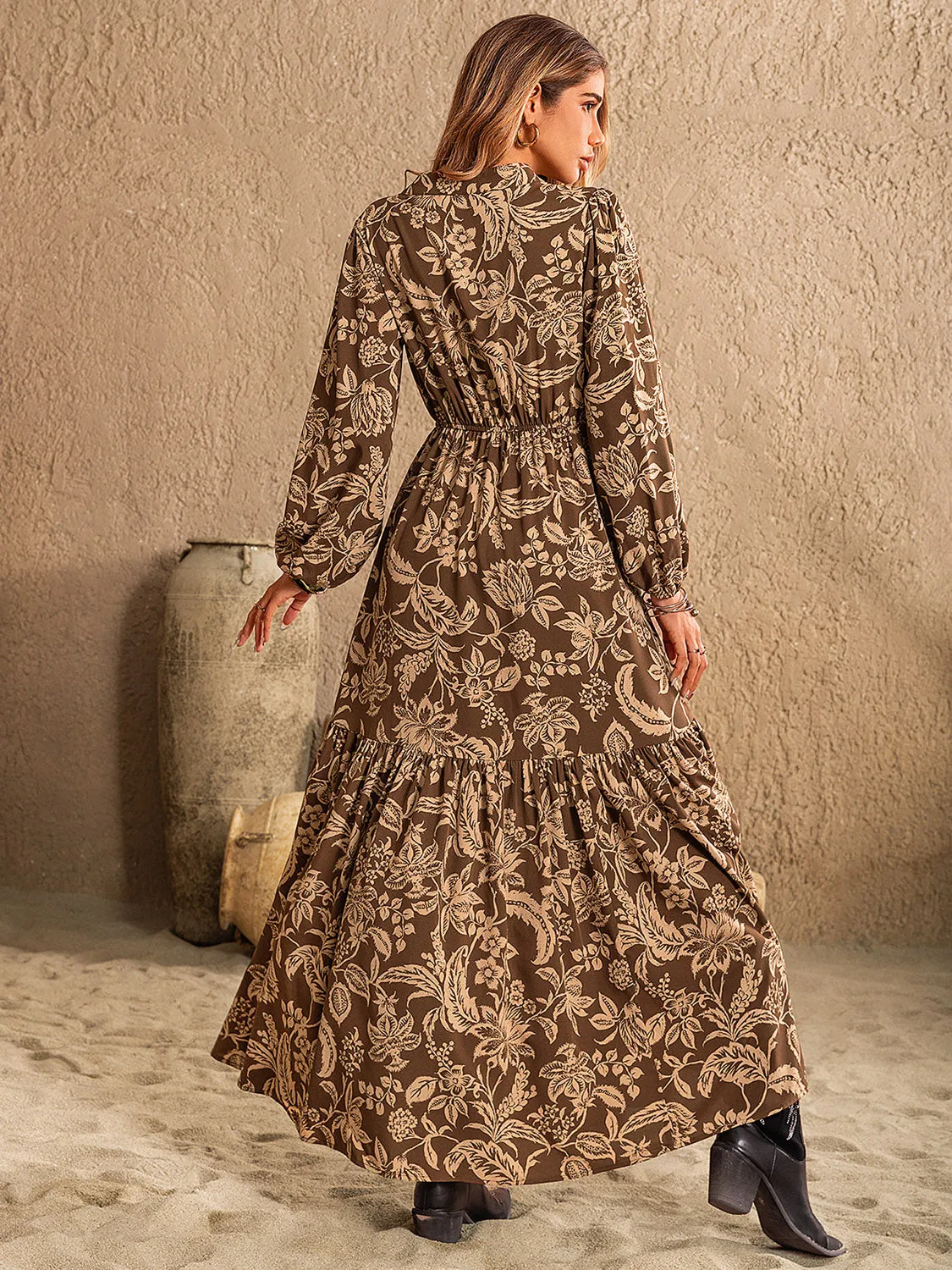 Floral Flowy Ruched Printed Notched Long Sleeve Maxi Dress