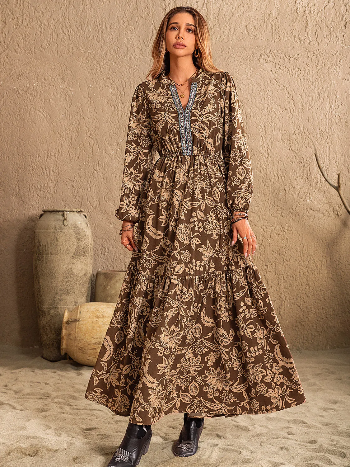 Floral Flowy Ruched Printed Notched Long Sleeve Maxi Dress