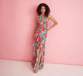 Floral Printed Halter Mermaid Gown With Ruffle Details In Turquoise Multi