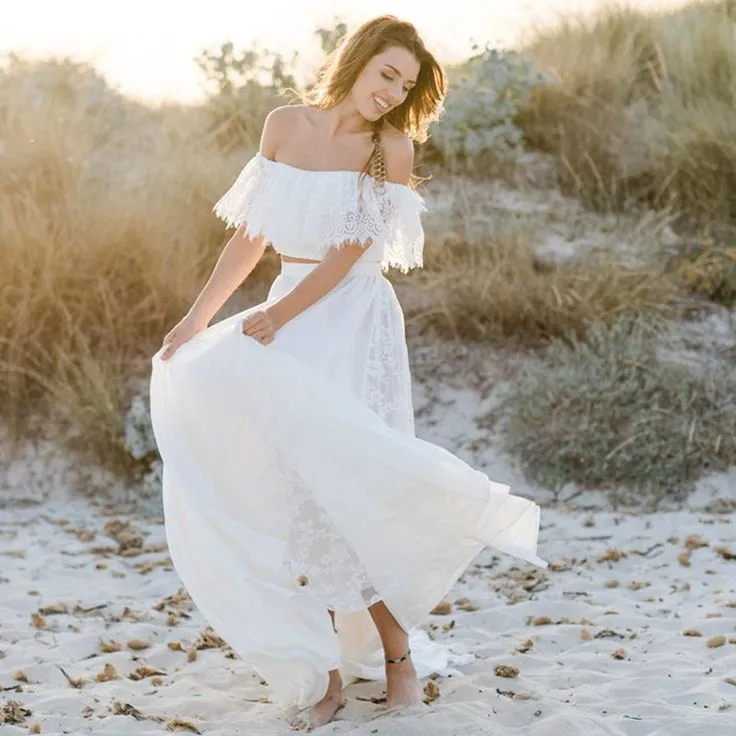 Flowy Boho Lace Two Piece Beach Wedding Dress