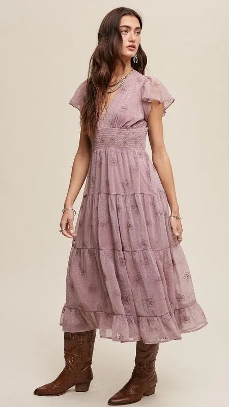 Francesca Embroidered Tulle Midi Dress Dusty Violet