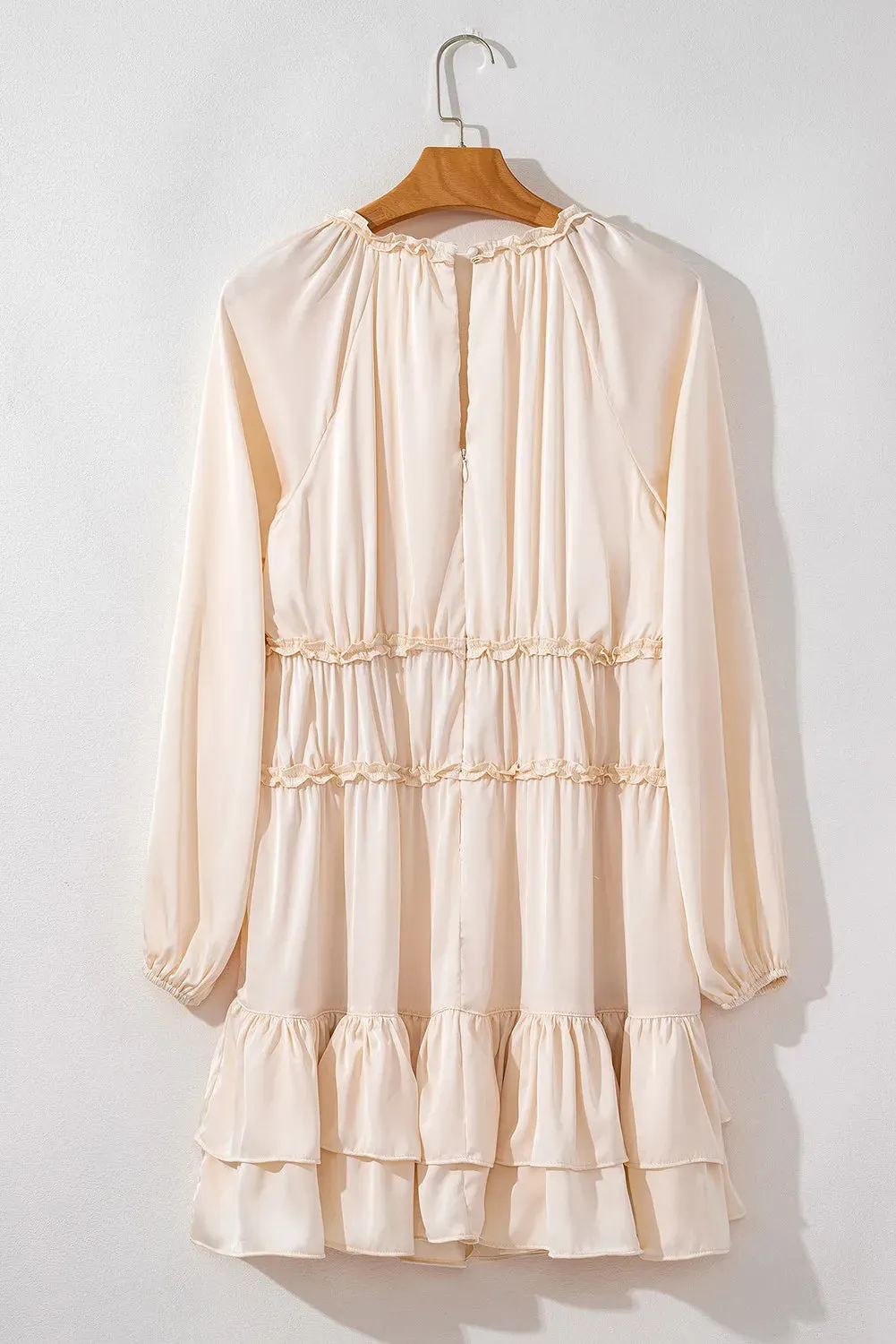 Frill Nuetral Cream Ruffled V-Neck Long Sleeve Mini Peasant Dress